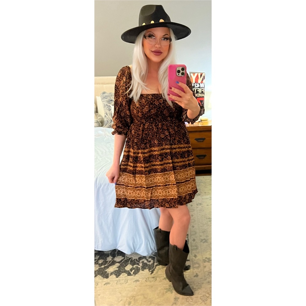 NEW! BLACK RUST SQUARE NECK PUFF SLEEVES PRINTED SMOCKED FULLY LINED DRESS! - Picture 5 of 6